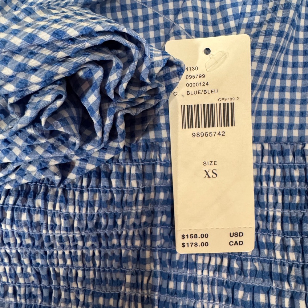 Anthropologie Maeve Blue Gingham Smocked Rosette Mini Dress XS New - Picture 5 of 5